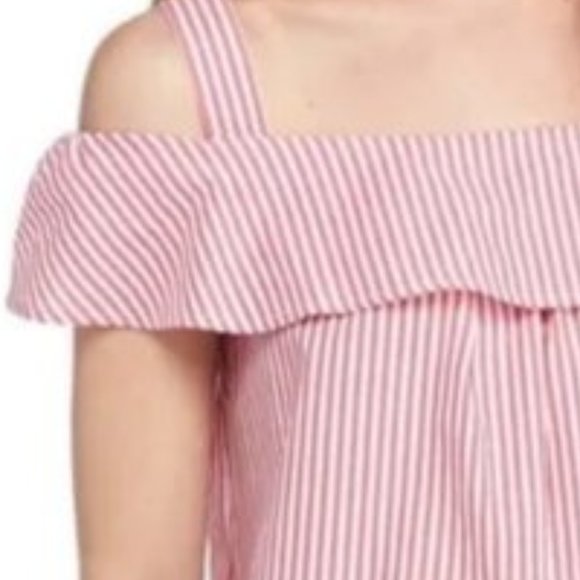 ❣️HP❣️Crown & Ivy cold shoulder pink & white stripe short cotton blouse sz: PM - Picture 3 of 6